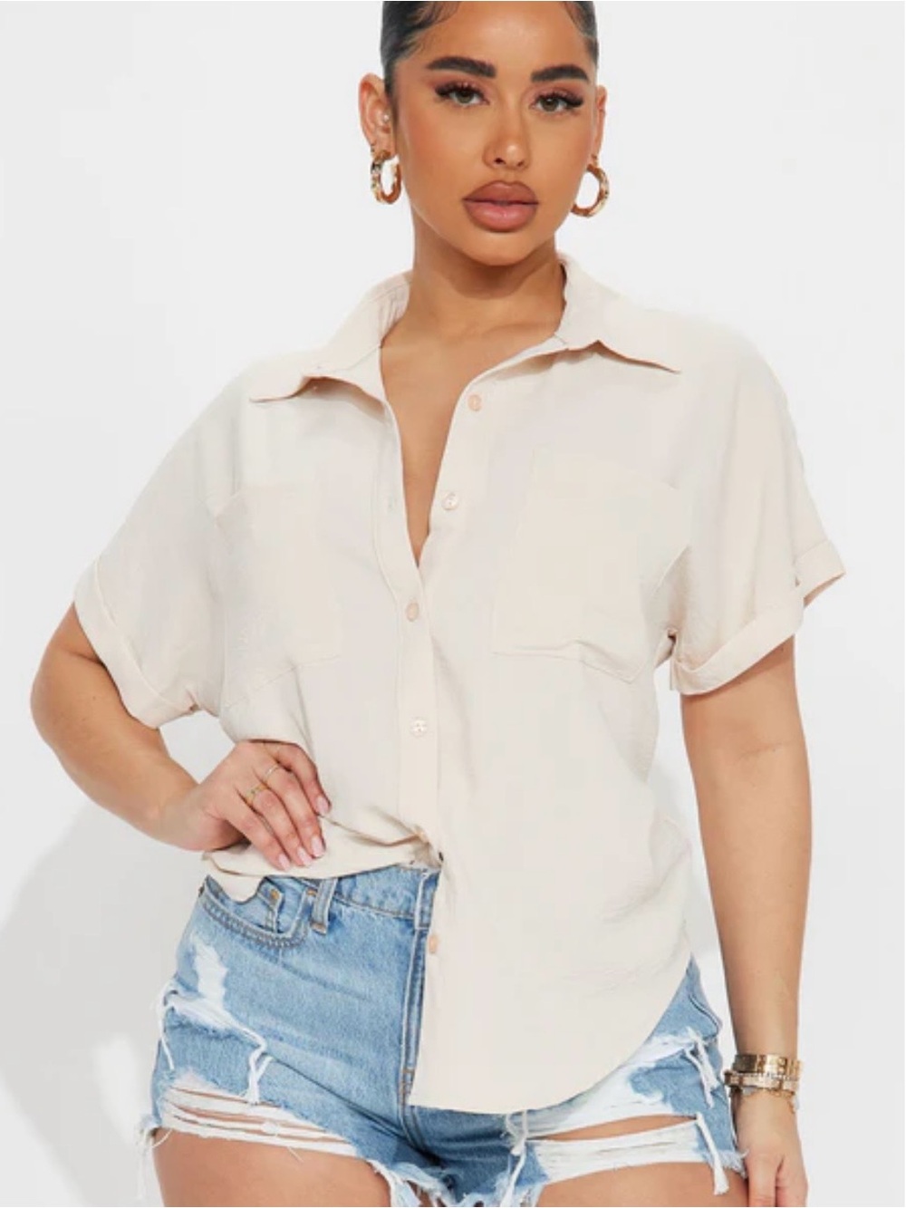 Fashion Nova Short Sleeve Button-Down Shirt - Cream